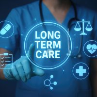 A person in blue scrubs and gloves touches a glowing blue circle displaying "LONG TERM CARE" surrounded by various medical icons.