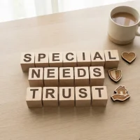 Wooden cubes spelling 'Special Needs Trust' displayed on desk Wooden cubes spelling 'Special Needs Trust' displayed on desk