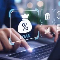 Professional hands operating laptop interface displaying financial loan application digital icons for modern banking solutions with using laptop glowing